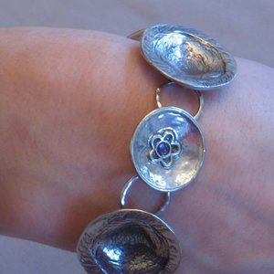 Women Silver Flower And Amethyst Disk Bracelet, 925 Silver, Perfect Gift for Her